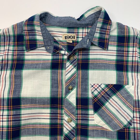 1901 Shirt Mens L Large Plaid Short Sleeve Collared Cotton Pocket Button Up - Picture 5 of 11